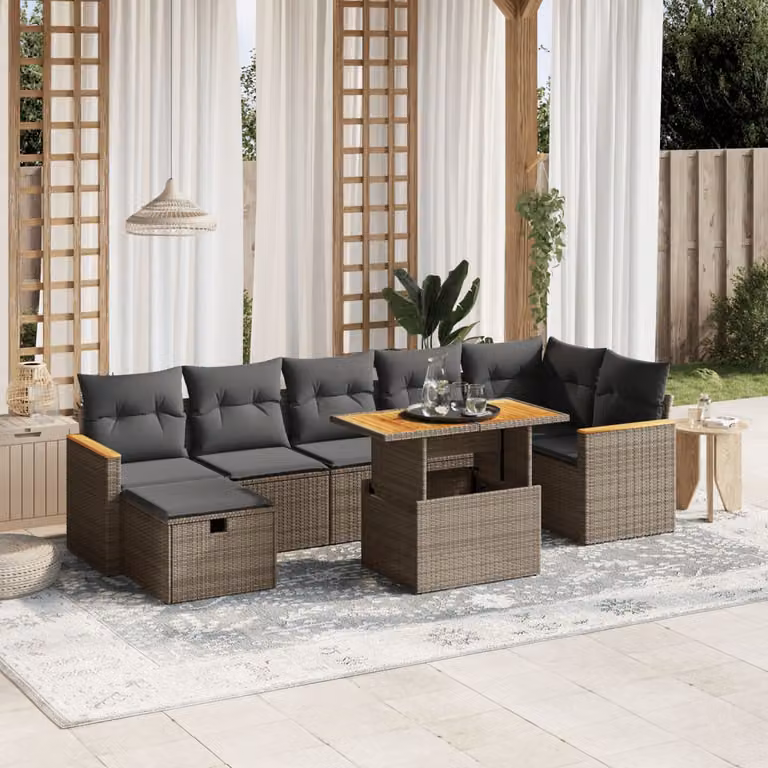 Set Divano da Giardino vidaXL 8 pz in Polyrattan Grigio con Cuscini e Tavolino