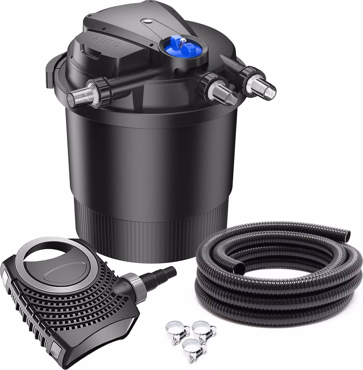Set completo SunSun: filtro a pressione per laghetti CPA-20000 fino a 40000 L con chiarificatore UV-C da 36 watt, pompa per laghetti NEO12000 SuperECO 12000l/h 100W, tubo per laghetti da 10 m 38 mm (1 1/2"), fascette stringitubo W1 44-47mm