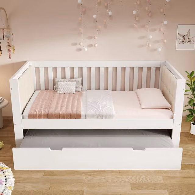 Divano Letto Singolo 90x190 cm con Letto Estraibile; Struttura in Legno Bianco; Design Salvaspazio per Ospiti