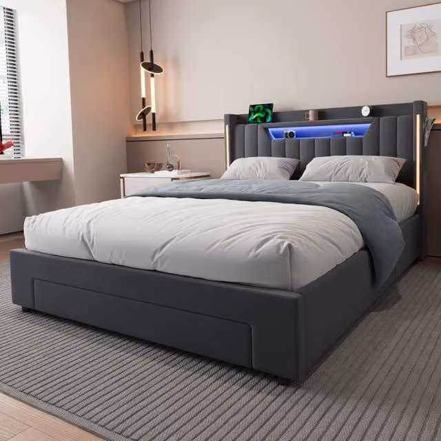 Letto matrimoniale idraulico 140x200 cm con testiera contenitore regolabile; LED e ricarica grigio scuro