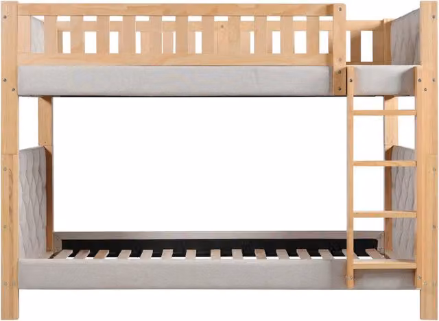 Letto a castello per bambini con protezioni morbide, scala dritta a 4 gradini, struttura in legno di caucciù e MDF 90x200 cm grigio e naturale