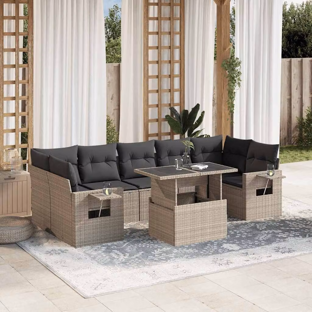 vidaXL Set Divano da Giardino a L 8pz con Cuscini Grigio Antracite e Tavolino in Metallo e Vetro – 1