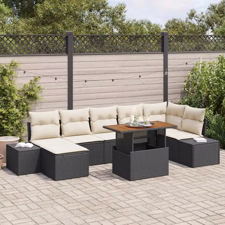 Set Divano da Giardino vidaXL 8 Pezzi in Polyrattan Nero con Cuscini e Contenitore per l'Archiviazione