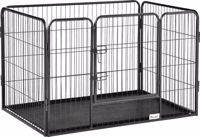 Recinzione per cani PawHut in metallo con 4 pannelli, porta con doppio blocco e vassoio, Grigio Aosom, L 109 cm x P 74 cm x H 71 cm – 1