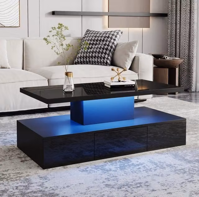 Tavolino da caffè LED nero 100x50x39 cm con cassetto e ripiano