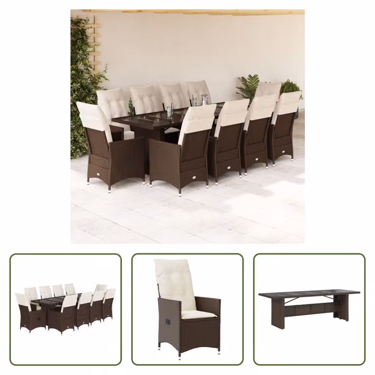 The Living Store Set bistrot da giardino 11 pezzi con cuscini in poly rattan marrone