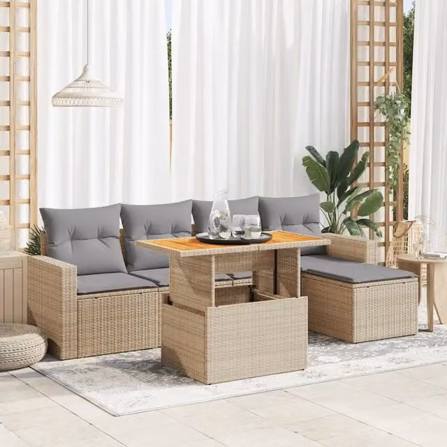 Set Divano da Giardino a L vidaXL in Polyrattan con Cuscini Beige e Ottoman per Terrazza e Giardino