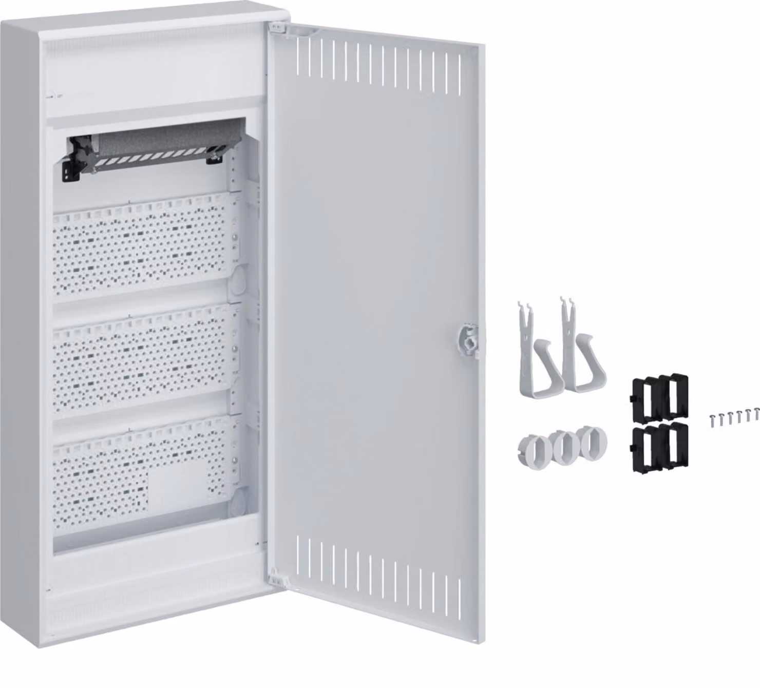 Quadro di distribuzione Hager VA48NW volta Multimedia IP30 in plastica a 4 file con porta in lamiera d'acciaio scanalata bianca LxHxP 305x640x96,5 mm