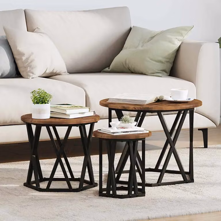 Set di 3 tavolini laterali nesting vidaXL in legno e metallo, colore rovere fumé e nero, L/P/H: 53 x 53 x 40 cm