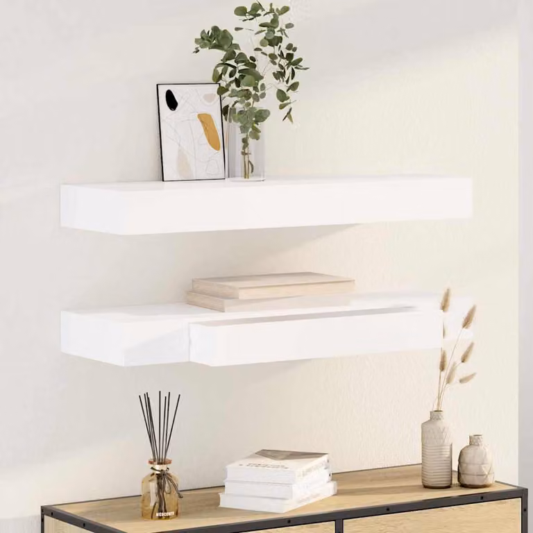 Set di 2 mensole con cassetti vidaXL in MDF bianco opaco, Larghezza: 80 cm