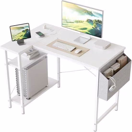 Ibenzoa® Scrivania angolare compatta a forma di L, con prese di corrente e porte USB integrate, ripiani reversibili e robusta struttura in acciaio – Ideale per l'ufficio domestico e il gaming