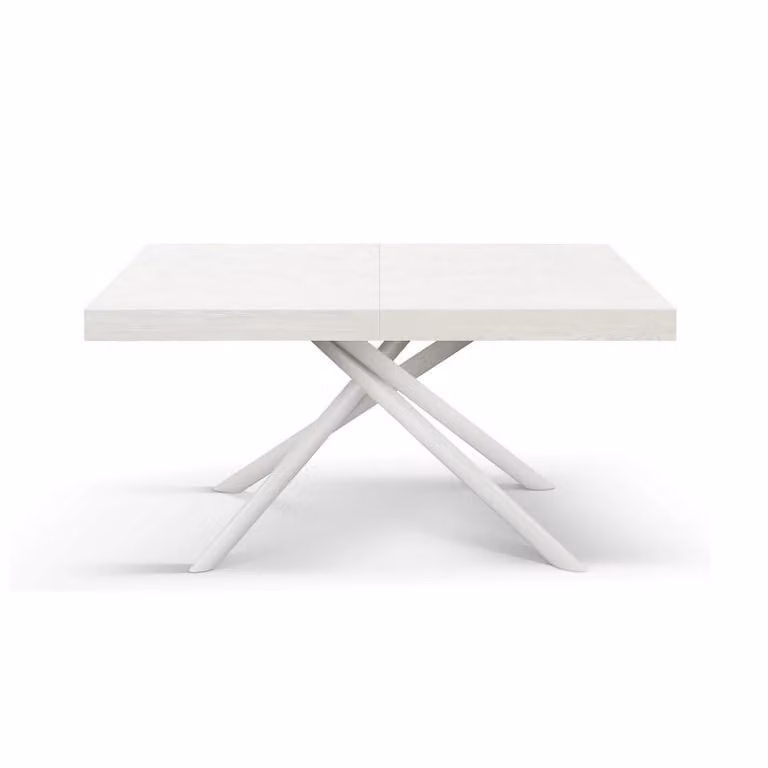Tavolo CARRARA in legno, finitura bianco frassinato e base in metallo verniciato bianco, allungabile 160×90 cm – 240×90 cm