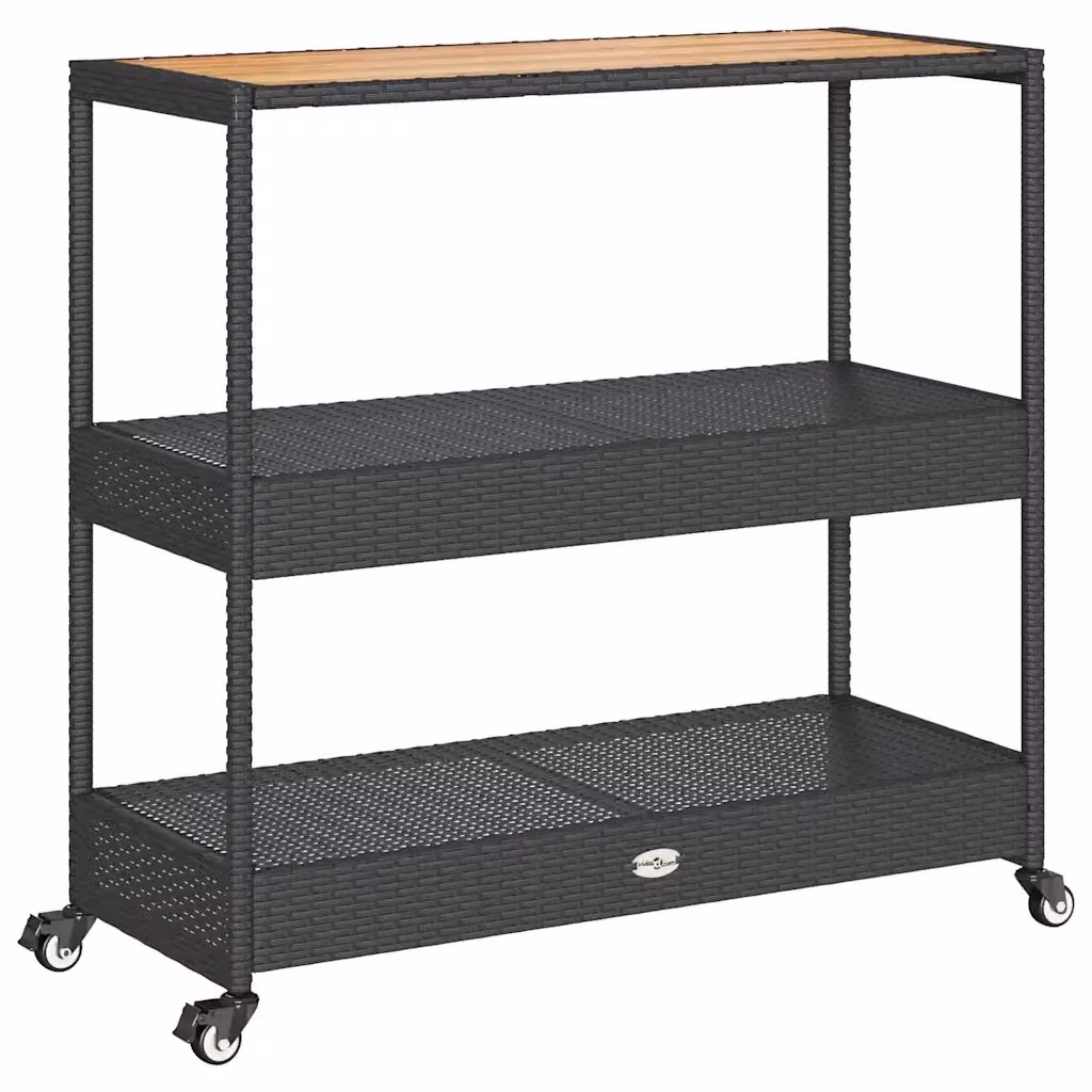 Carrello da Bar vidaXL a 3 Livelli in Polyrattan e Legno di Acacia Nero e Marrone con Ruote – 2