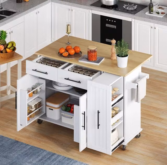 Isola da cucina mobile con piano ribaltabile e organizer estraibile a 3 livelli; MDF bianco e naturale