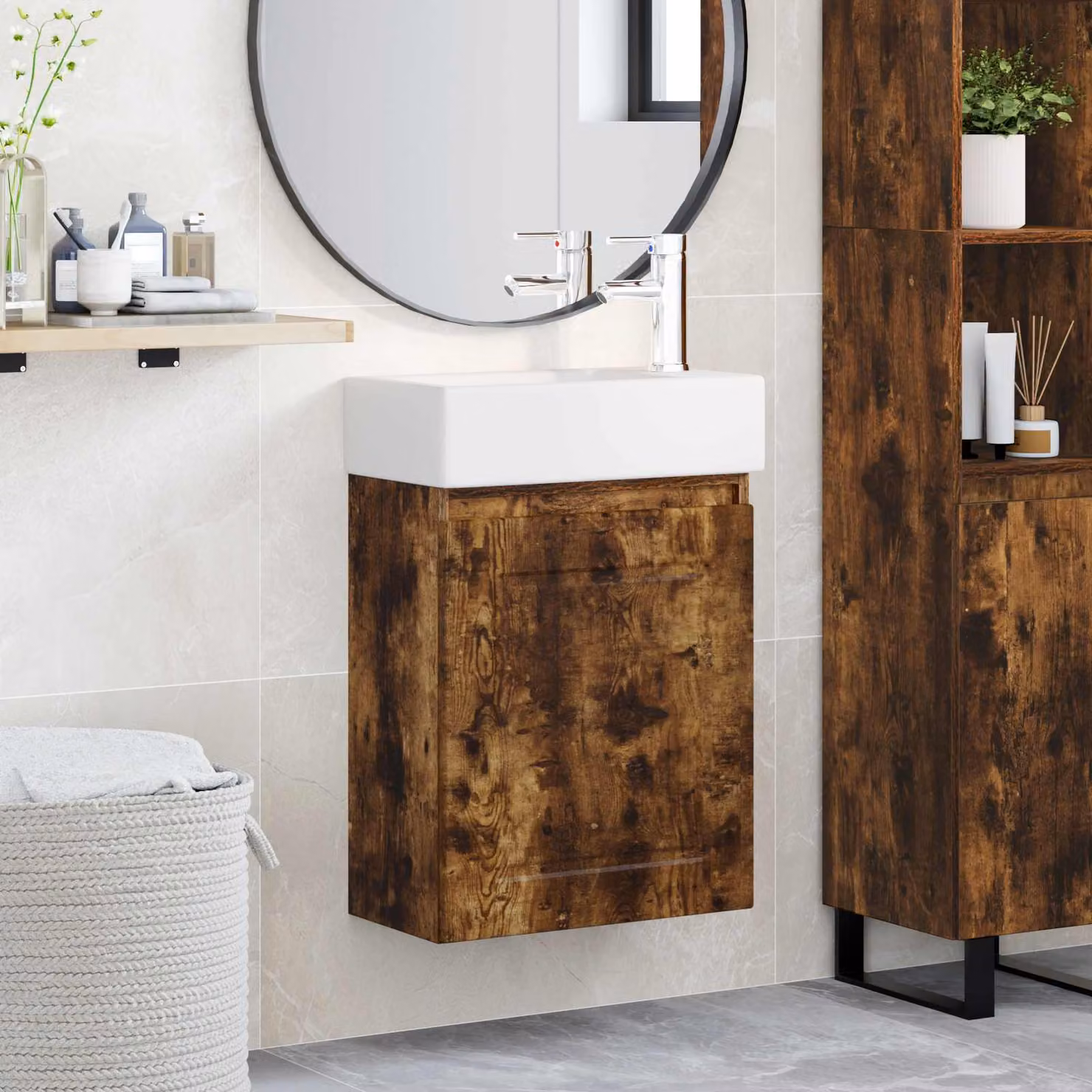 Mobile bagno moderno vidaXL con rubinetto in Rovere Fumo, L: 45,5 cm, P: 22,5 cm, H: 84 cm
