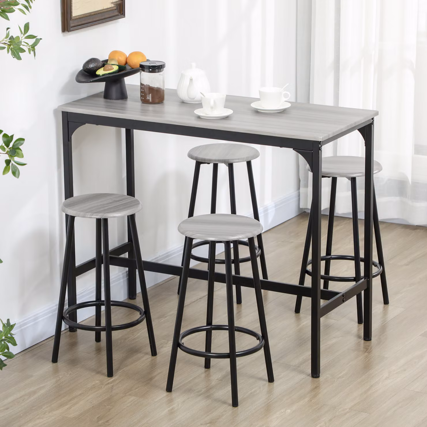 Set da Pranzo HOMCOM 5 Pezzi con Bancone da Bar e Sgabelli in Legno e Metallo, Grigio e Nero, L: 110 cm, P: 50 cm, H: 89,5 cm, Sgabelli Ø: 30 cm, H: 60,5 cm – 2