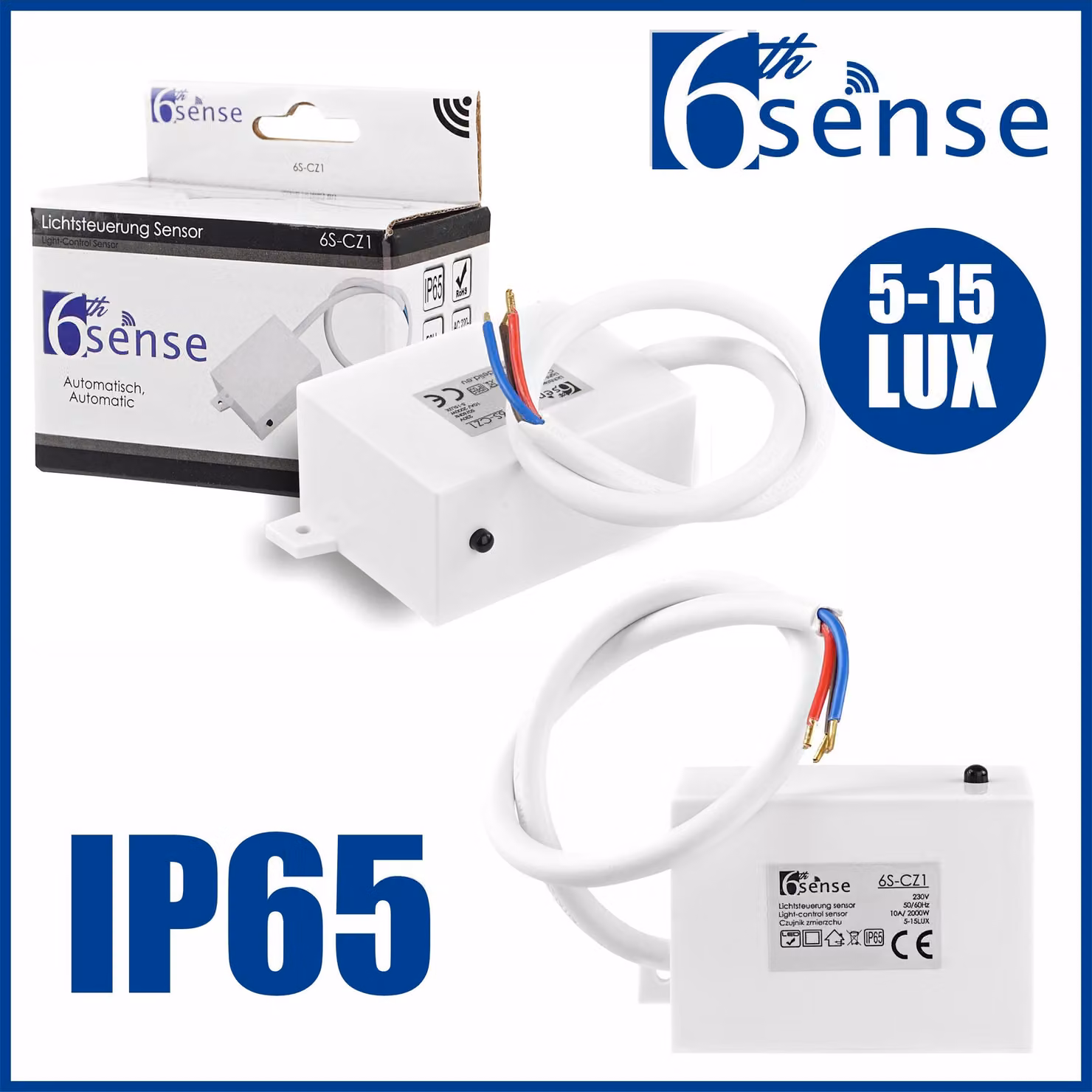 Sensore di luminosità con sonda, interruttore crepuscolare LED, grado di protezione IP65, per interni ed esterni, montaggio su guida DIN