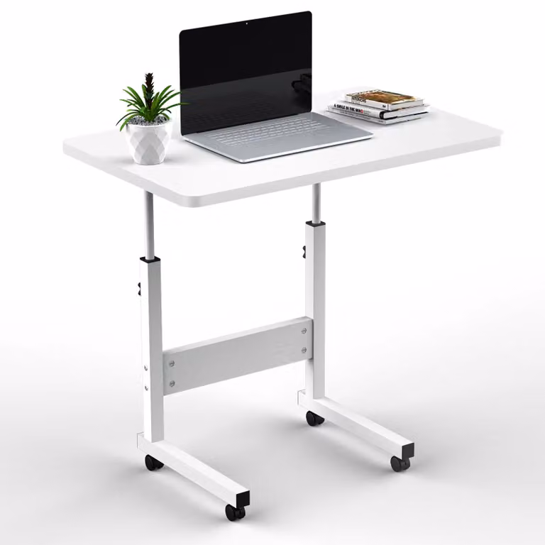 Tavolino di servizio con ruote - Tavolo mobile per computer - Altezza regolabile da 69 a 90 cm - Dimensioni 60 x 40 cm - Portata massima 50 kg - Struttura in metallo - Colore bianco