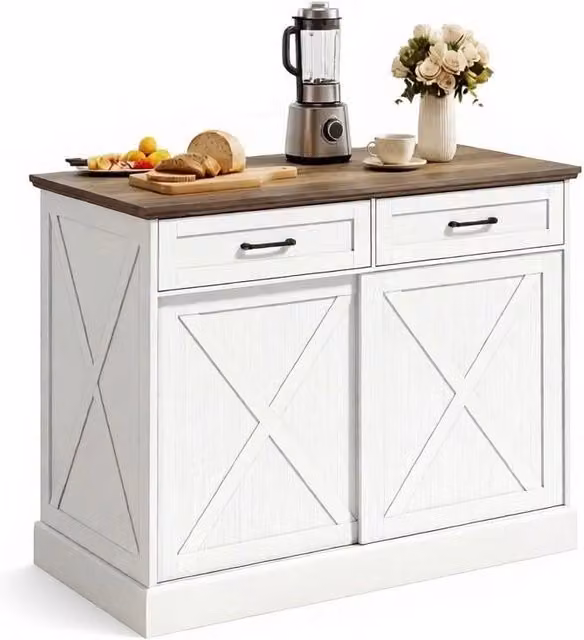 Mobile contenitore da cucina Chicfurn con 2 cassetti e anta scorrevole, ripiano regolabile, bianco e marrone, L: 106.4 cm, P: 57 cm, H: 92 cm