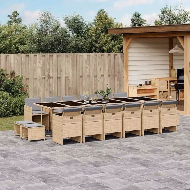 Set Pranzo da Giardino vidaXL 17 pz in Polyrattan con Cuscini Beige Misto e Tavolo in Vetro