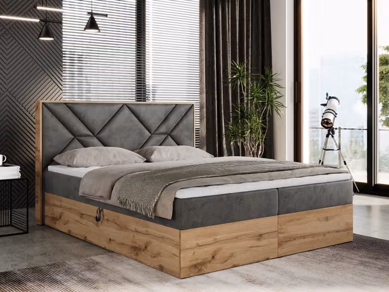Letto boxspring 200x200 con contenitore, letto imbottito 200x200 con materasso H4, letto boxspring 200x200 con testiera, letto boxspring in legno massello - Gunar - Grigio scuro Velvet - H4