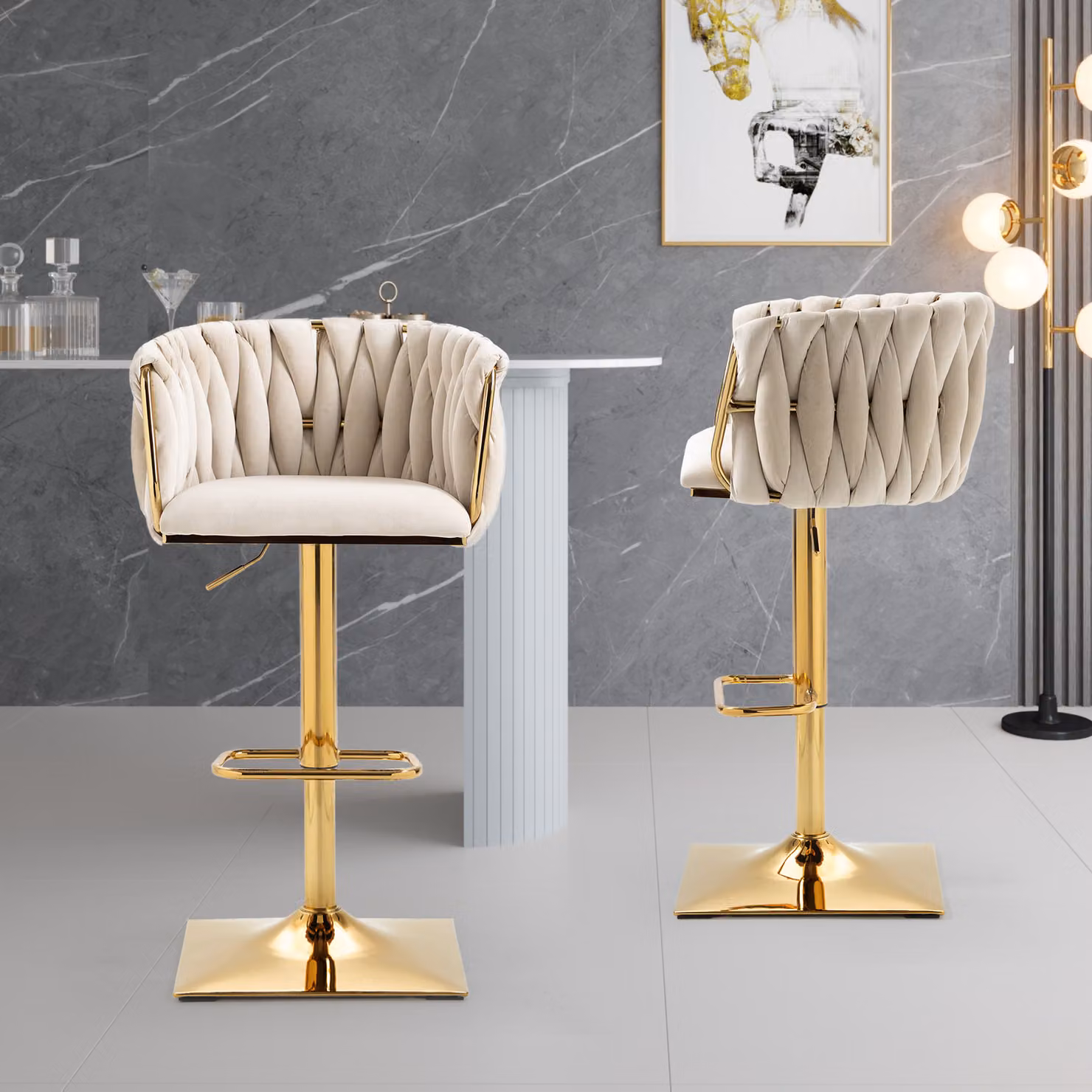 MODFU Sedie da pranzo da bar in velluto set di 2 pezzi, sedie da bar sedie girevoli, altezza regolabile, beige