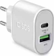 Caricabatterie da muro Sbs con USB Type-A e USB Type-C da 20W Power Delivery, Bianco TETRPD20W