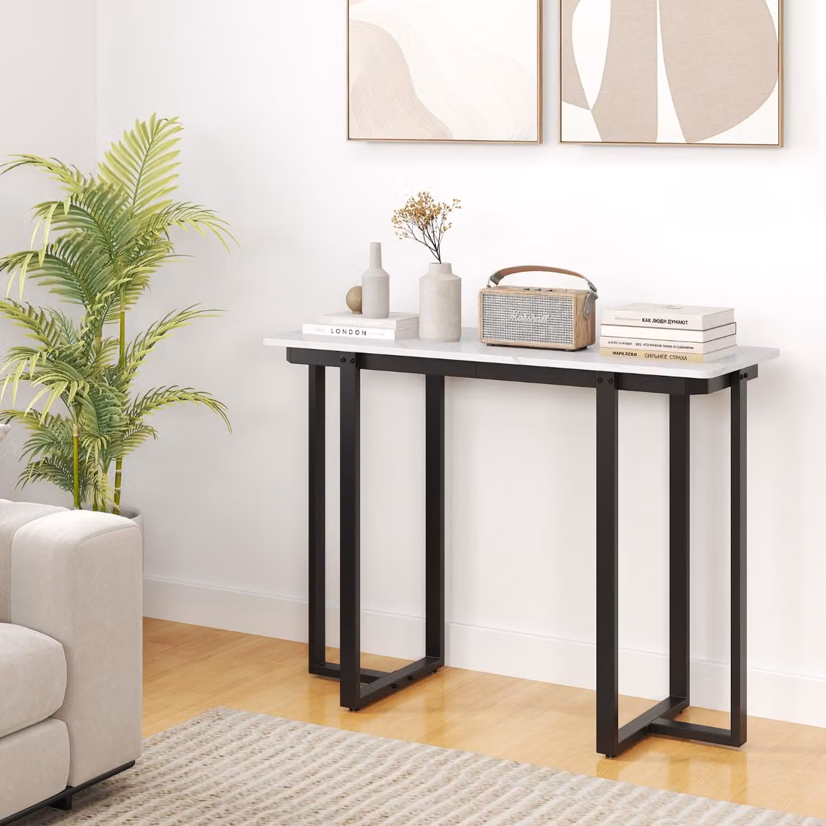 Costway Tavolo console moderno in marmo finto con telaio geometrico in metallo per soggiorno e corridoio, Bianco Nero, L: 107 cm, P: 40 cm