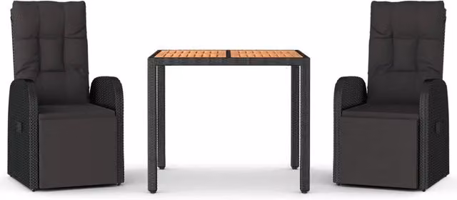Set Pranzo Giardino 3pz | Set Salotto da Giardino Nero Polyrattan e Legno Massello Acacia