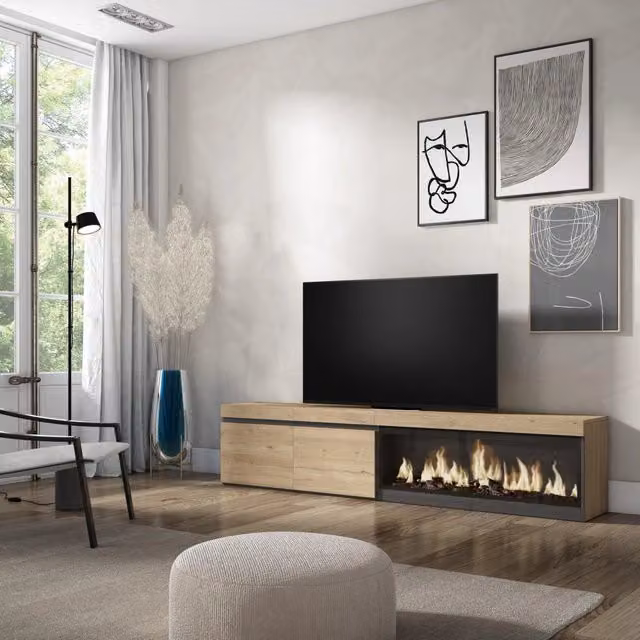 Mobile TV Soggiorno, 208x35x45cm, Per TV fino a 80", Camino elettrico XXL, colore Rovere RF3275