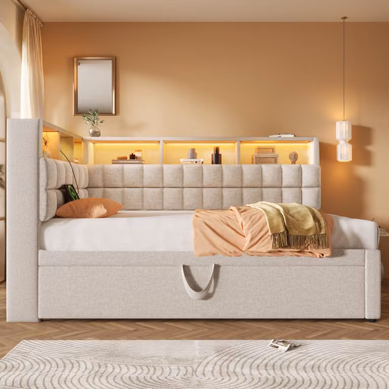 Letto da giorno MODFU 90x200 con letto estraibile, letto imbottito con illuminazione a LED e porte USB, testiera a L, senza materasso, beige