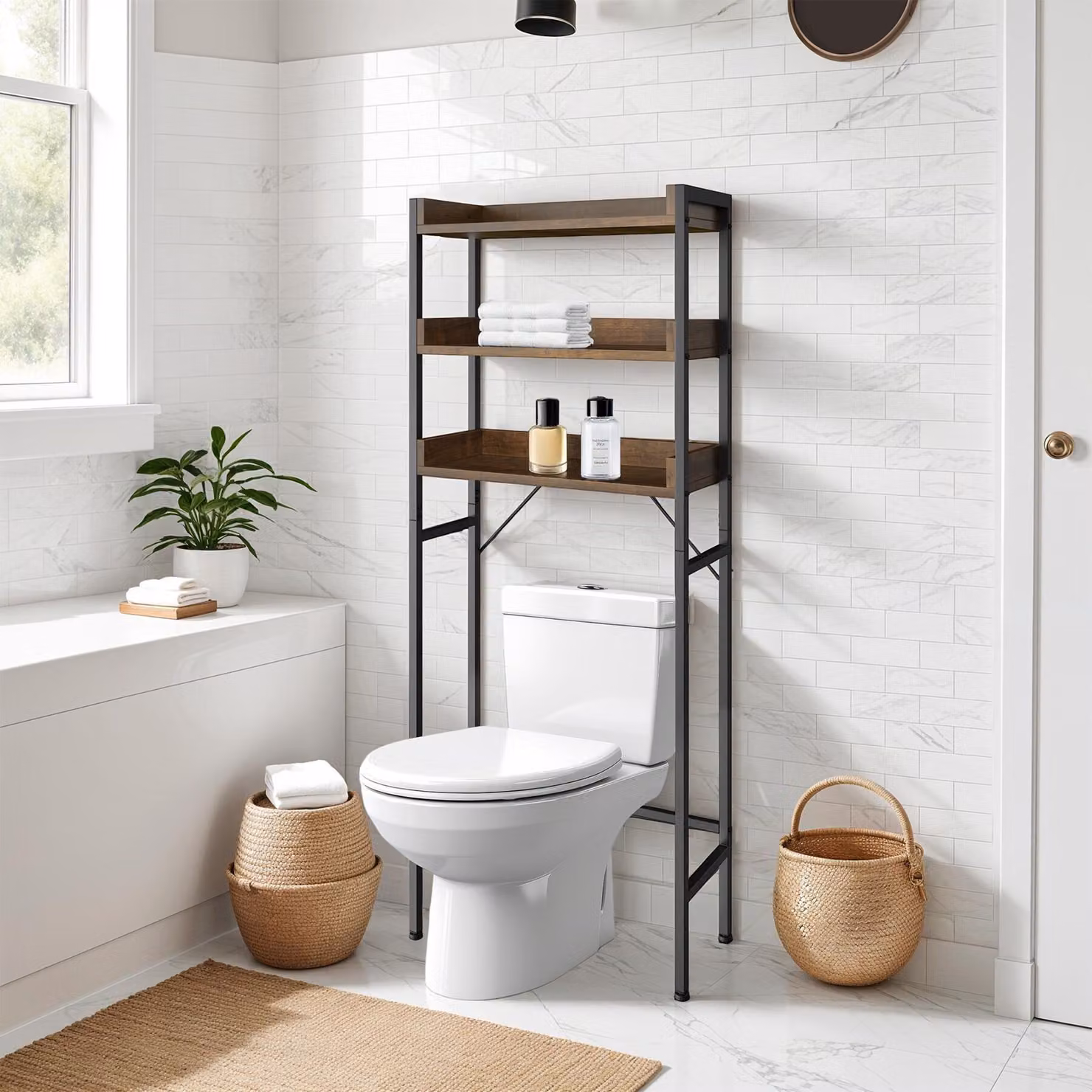 Mensola da bagno Seattle TecTake GmbH in stile industriale, colore marrone, L: 67 cm, P: 25 cm, H: 165,5 cm – 1