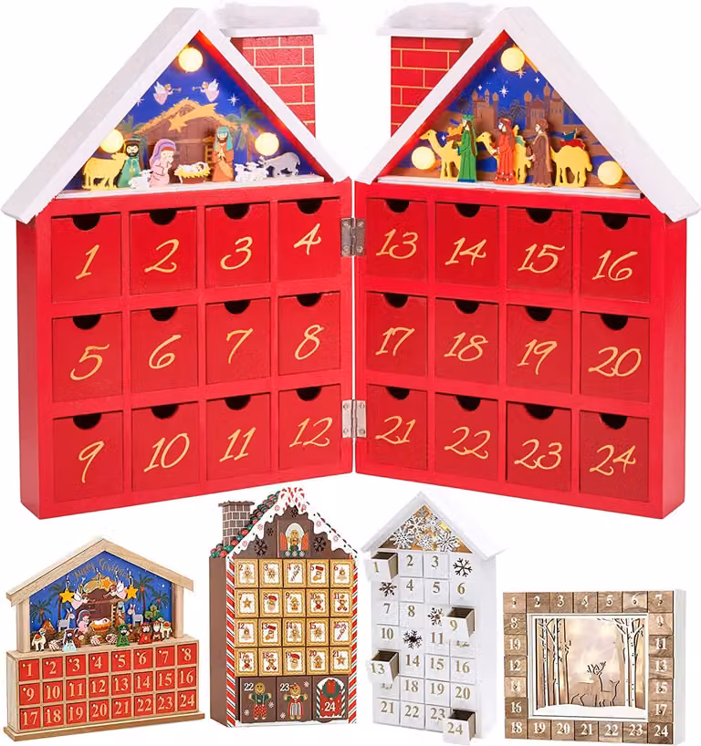 Brubaker Calendario dell'Avvento in legno riutilizzabile da riempire - Casa di Natale rossa con presepe e illuminazione a LED - Calendario natalizio fai da te 21 x 9 x 30 cm