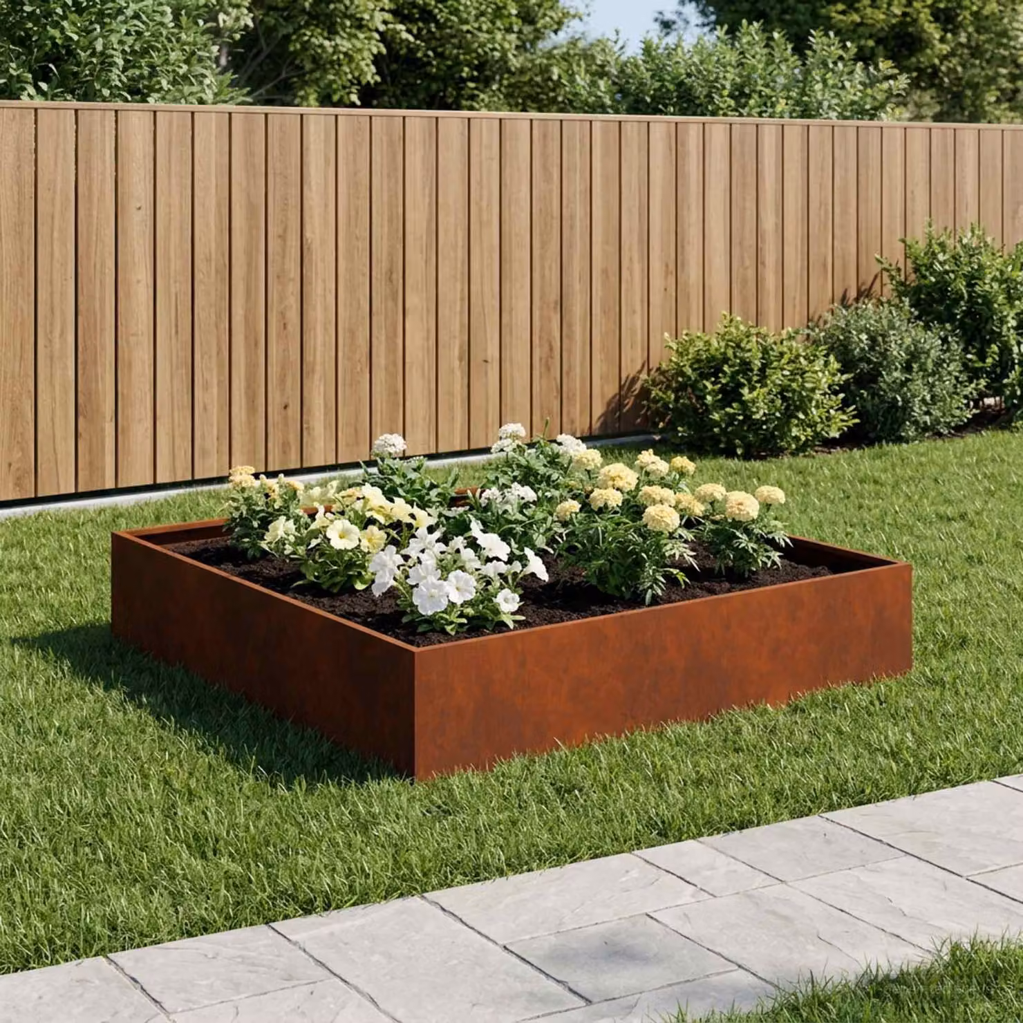 Vaso da giardino vidaXL in acciaio color marrone L: 100 cm, P: 100 cm, H: 20 cm