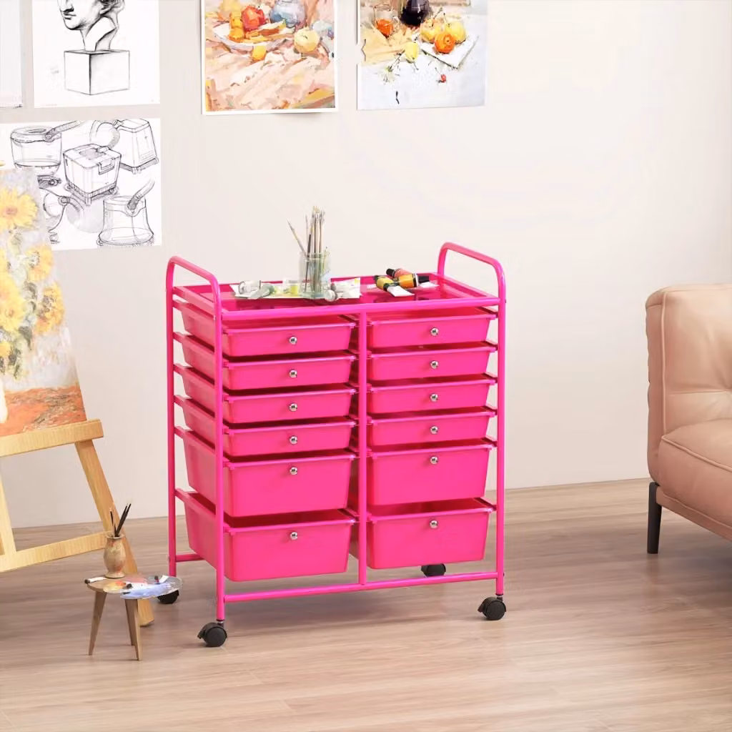 Carrello multiuso con 12 cassetti Design Mania in plastica e metallo, Rosa, L: 64 cm, P: 38 cm, H: 75 cm – 2