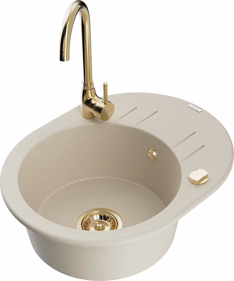 Mexen Kevin lavello in granito 1-vasca con scolapiatti e rubinetto da cucina Telma, beige - 6517-69-670200-50