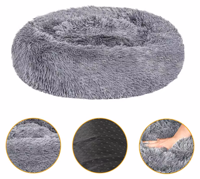 Cuccia per cani Ikodm, 60 cm, grigio scuro, morbida cuccia rotonda per animali domestici realizzata in peluche lungo, con bordo alto e base antiscivolo
