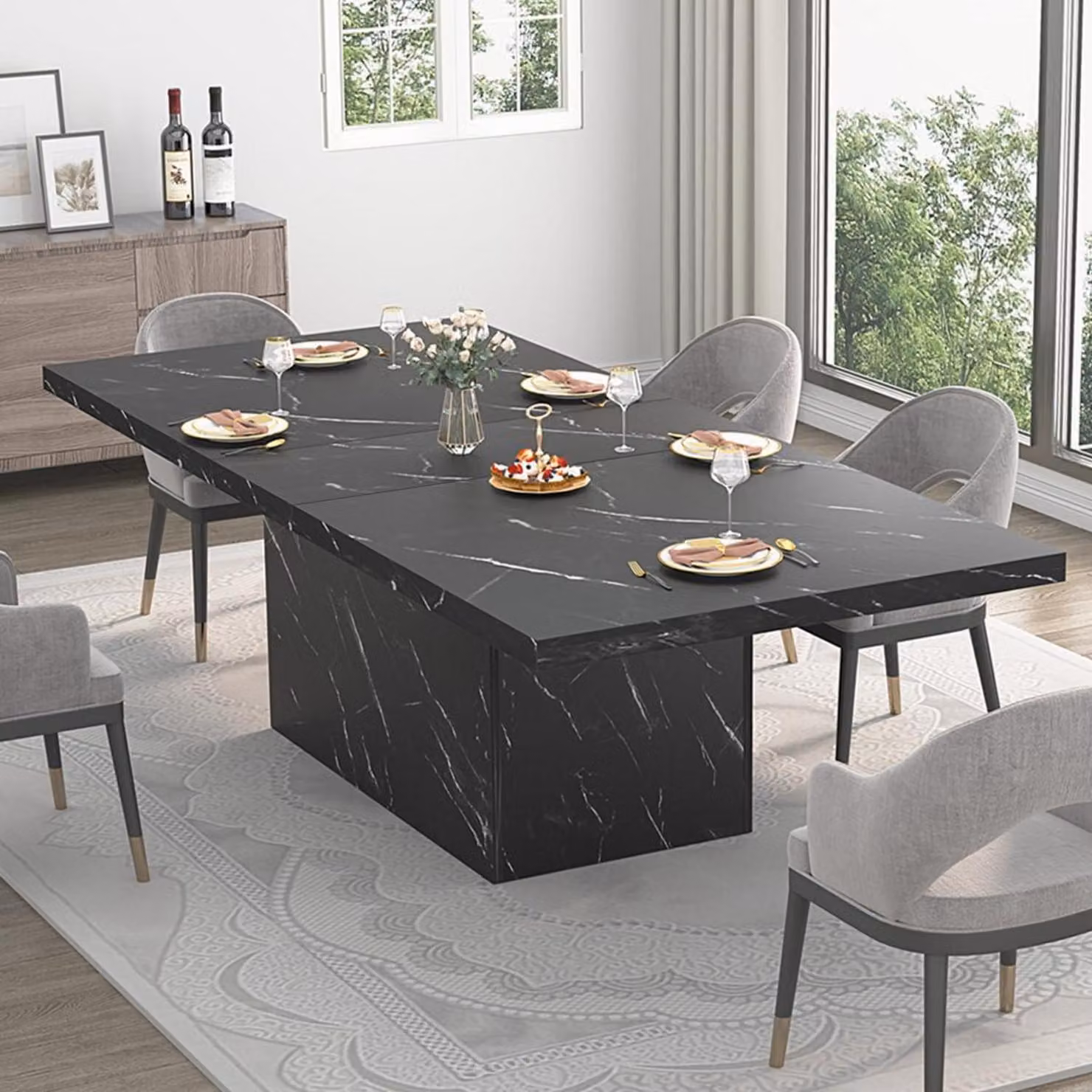 Tavolo da pranzo, tavolo per la cucina, adatto per 6-8 persone, dimensioni 180 x 80 x 76 cm, colore nero, aspetto marmo, struttura in legno e metallo