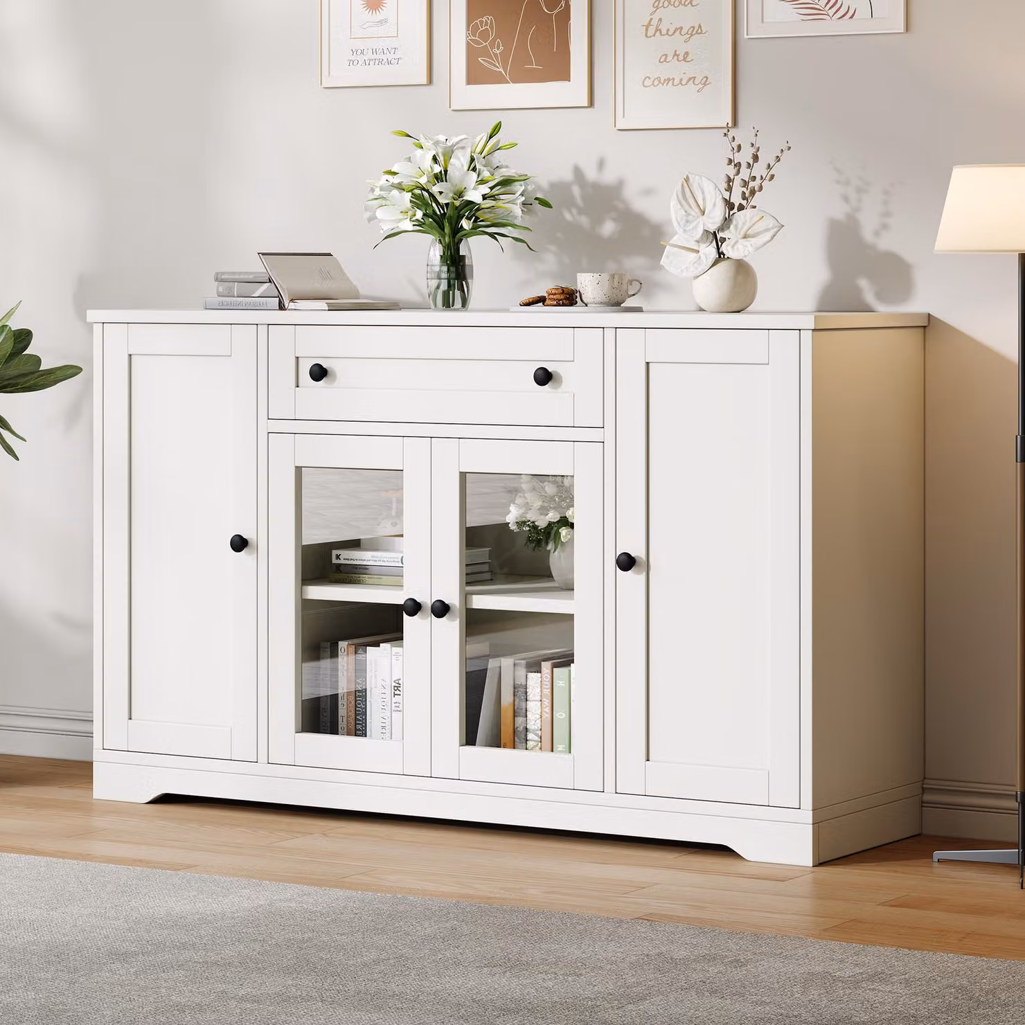 Mobile contenitore Merax con 4 ante, credenza con 2 ante in vetro e 1 cassetto, armadietto contenitore con maniglia rotonda, ideale per soggiorno, sala da pranzo o ingresso, realizzato in MDF, colore bianco
