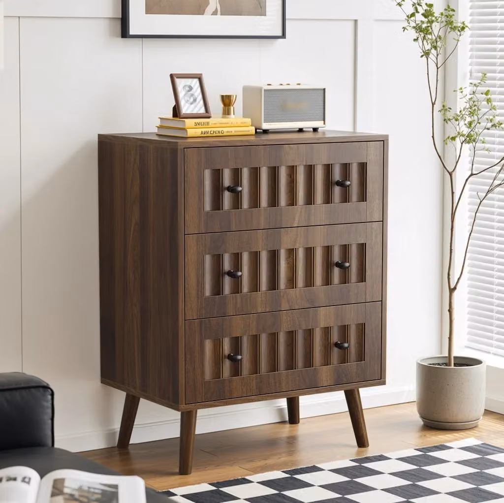 Cassettiera moderna MODFU in MDF effetto legno pino marrone con maniglie nere L: 60 cm, P: 40 cm, H: 79 cm – 2