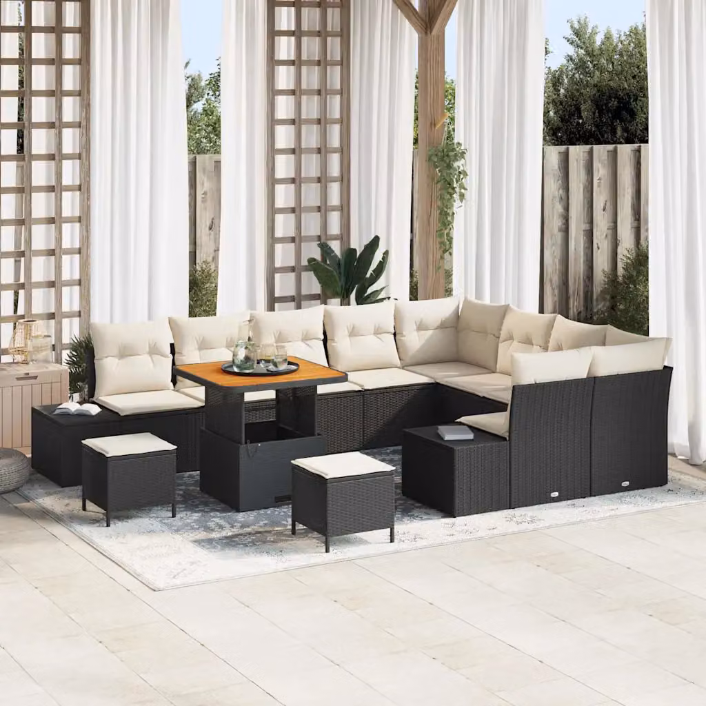 Set Divano da Giardino vidaXL a forma a U con 12 pezzi, Nero e Beige, con Cuscini e Tavolino da Esterno – 1