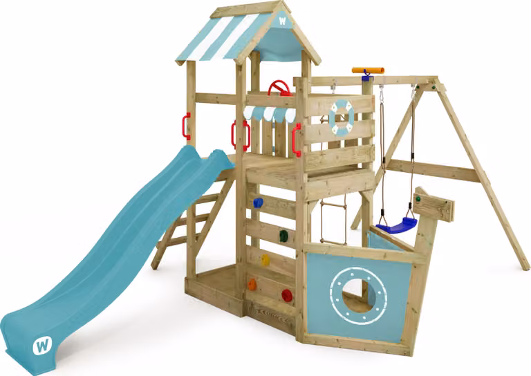 Torre giochi Wickey SeaFlyer con altalena e sabbiera in azzurro cielo