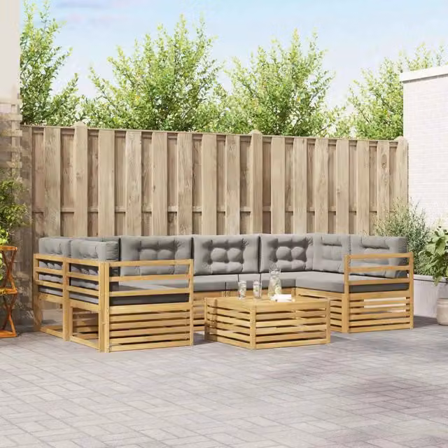 Set di divani da esterno vidaXL a forma di U composto da 7 pezzi con tavolino da caffè, in legno di acacia e tessuto bianco e grigio – 1