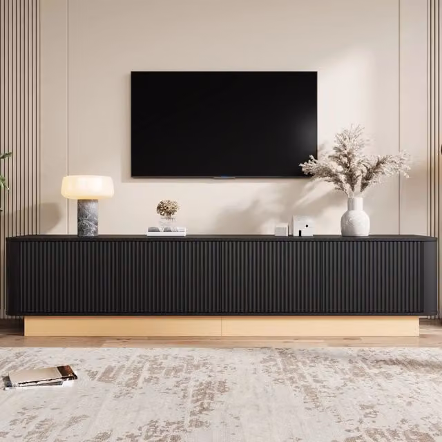 Mobile TV Mivray nero con 4 ante, ripiani regolabili e passacavi, design moderno in MDF opaco L: 200 cm, P: 40 cm, H: 47.5 cm – 1