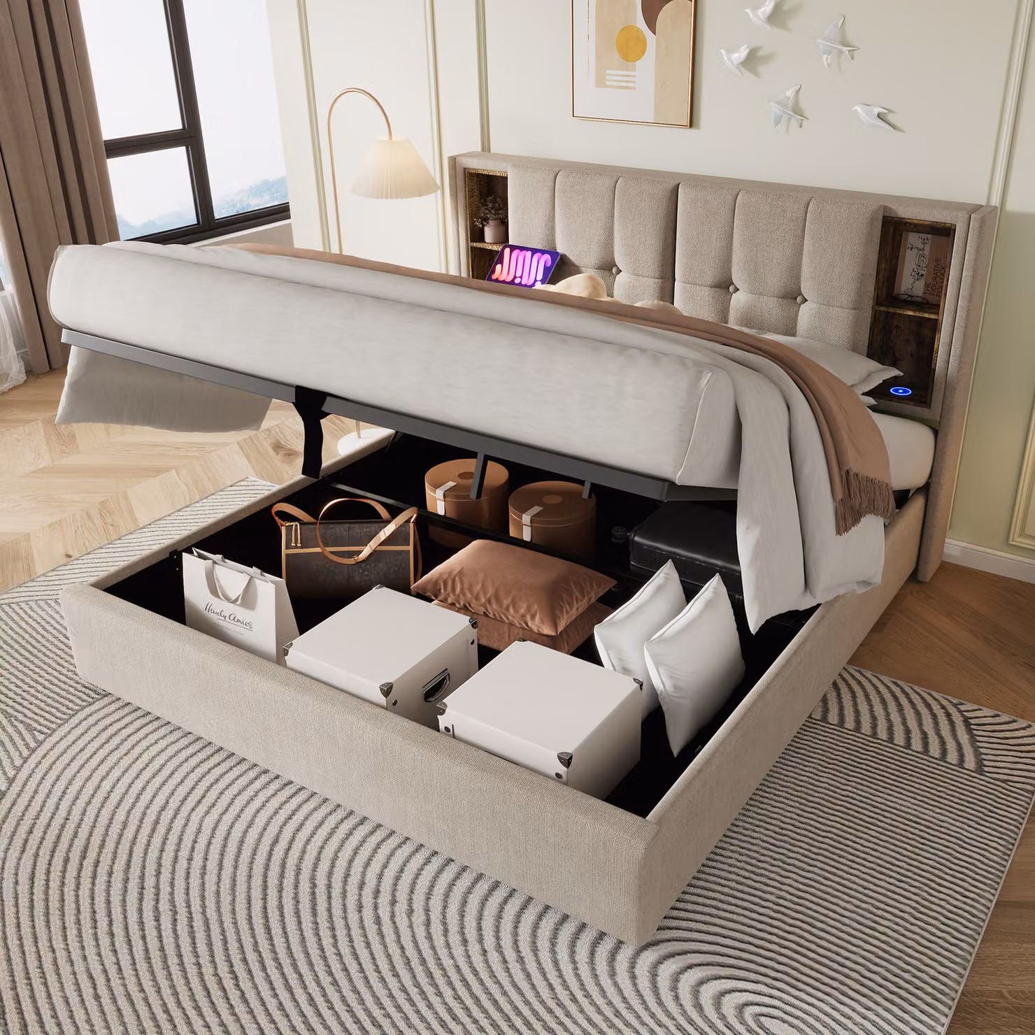 Letto imbottito Flieks 140x200cm con USB e tipo C, letto contenitore a molle idrauliche con rete a doghe, letto matrimoniale letto per ragazzi letto in legno, lino, beige