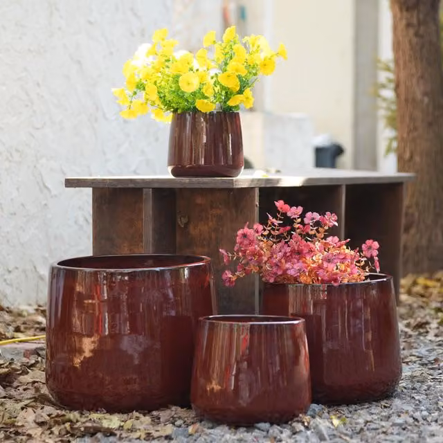 Set di 4 vasi per piante MINIMAL in ceramica rosso lucido per balcone e giardino, H: 33 cm, 30 cm, 20 cm, 15 cm – 1