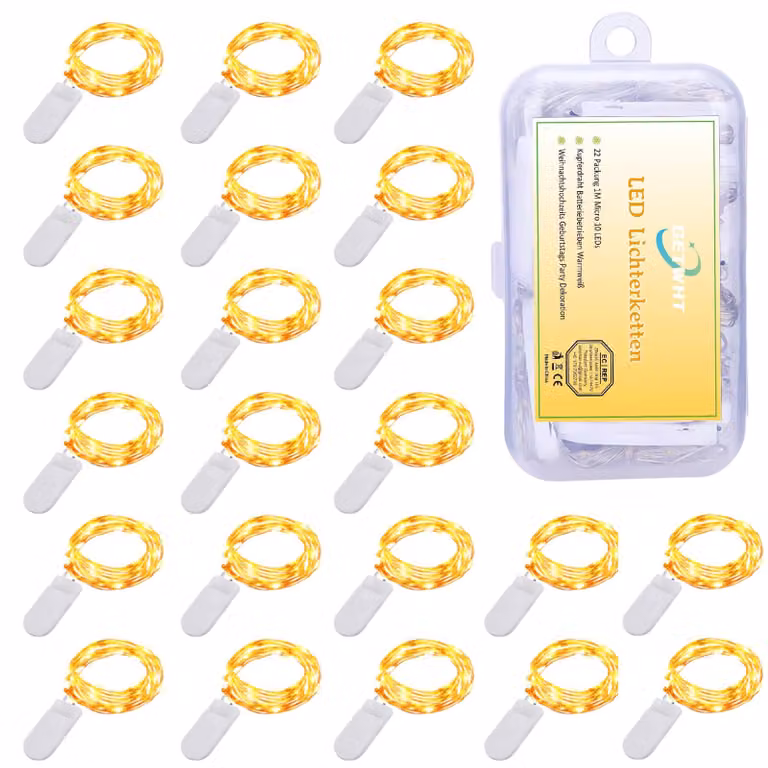 Luci decorative a LED, confezione da 22, lunghezza 1 metro, luce bianco caldo, alimentate a batteria