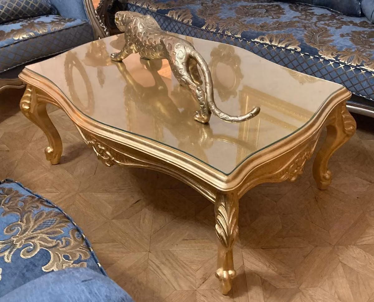 Casa Padrino Tavolino barocco con piano in vetro oro - Tavolo rettangolare in legno massiccio per soggiorno in stile barocco - Mobili barocchi - Mobili in stile barocco - Arredamento barocco - Nobile e sontuoso