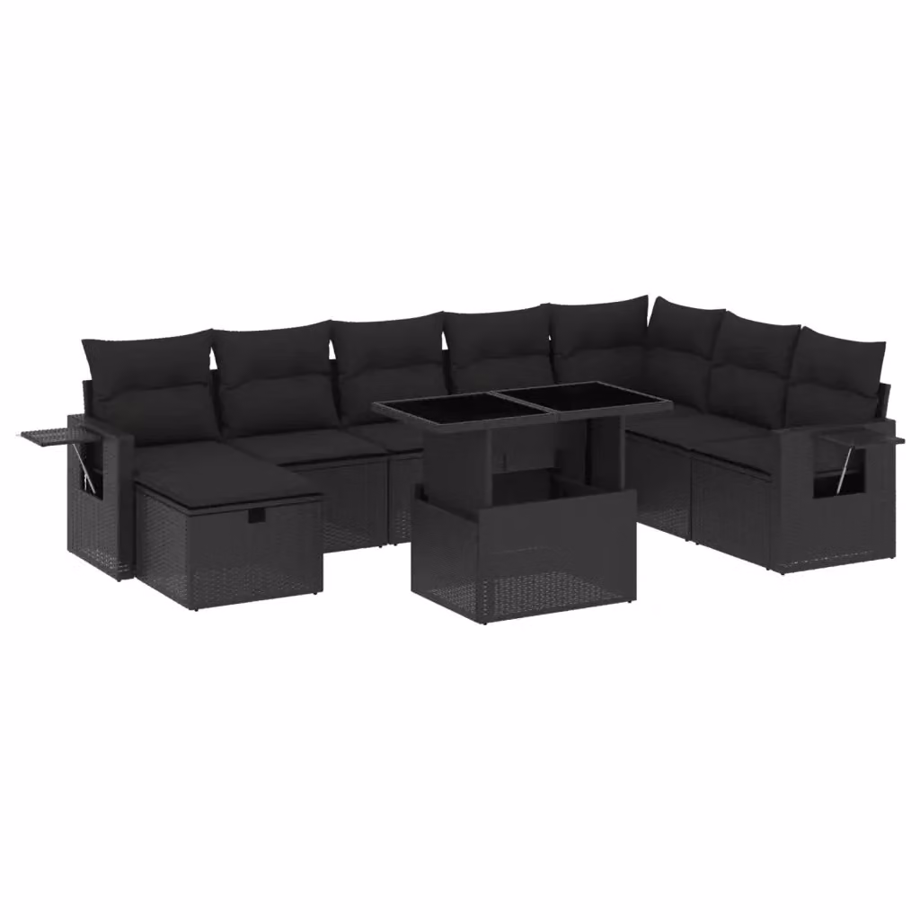 vidaXL Set Divani da Giardino 9 pz a Forma a L con Cuscini e Tavolino Nero in Polyrattan e Acciaio – 2