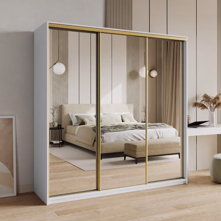 Armadio scorrevole Masseno RIEN 180/205/60 cm Armadio con 4 cassetti Armadio per camera da letto a 3 ante con specchio Bianco